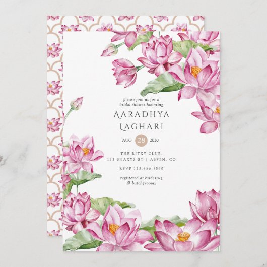 Watercolor Lotus Blume Indisches Brautparty Einladung (Vorne/Hinten)