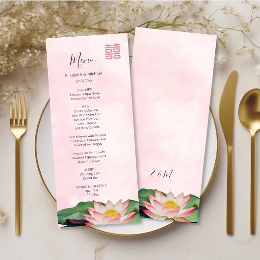 Watercolor Lotus Chinese Wedding Menu Card Einladung