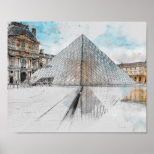 Watercolor Louvre Paris Frankreich Poster   künstl