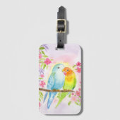 Watercolor Love Birds with Pink Flowers Gepäckanhänger (Vorderseite Vertikal)