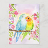 Watercolor Love Birds with Pink Flowers Postkarte (Vorderseite)