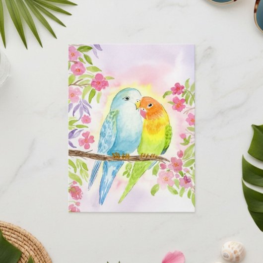 Watercolor Love Birds with Pink Flowers Postkarte