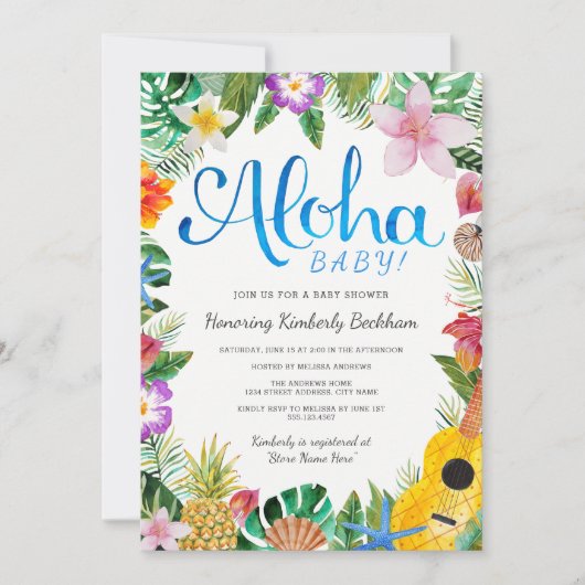 Watercolor Luau Babydusche Einladung | Blau (Vorderseite)