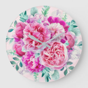 Watercolor Lush Pink Peonies & Green Teal Leaves Große Wanduhr