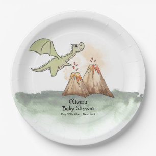 Watercolor Magic Dragon Mountain Boy Baby Dusche Pappteller