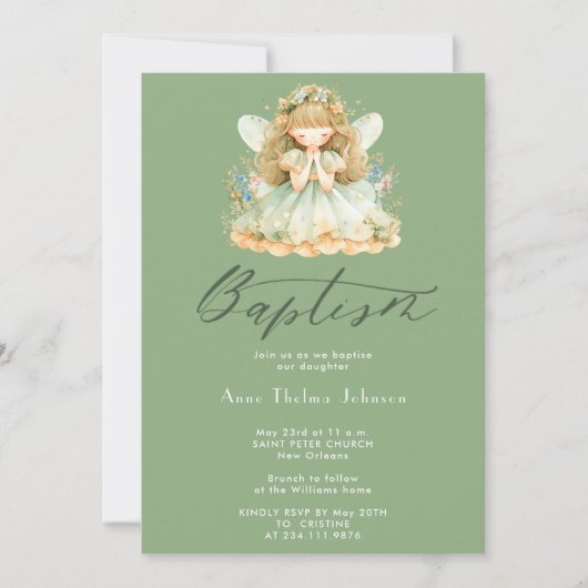 Watercolor Magical Fairy Olive Green Taufe Einladung (Vorderseite)