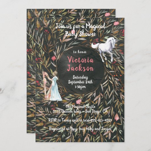 Watercolor Magical Fairytale Unicorn Kinderdusche Einladung (Vorne/Hinten)
