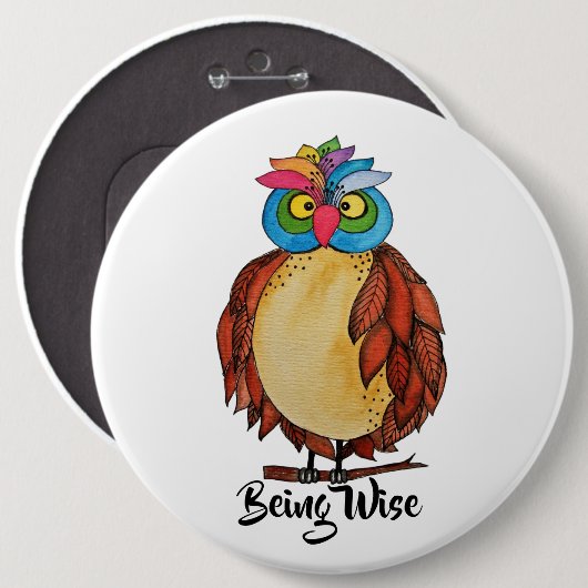 Watercolor Magical Owl mit Regenbogenfedern Button (Vorne & Hinten)