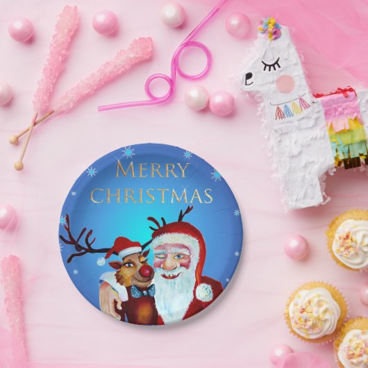 Watercolor Magical Santa Claus Smiling Rudolph Pappteller (Party)