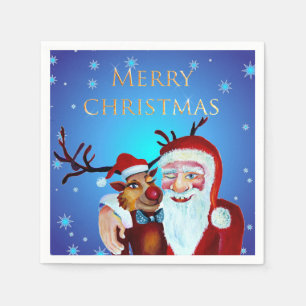 Watercolor Magical Santa Claus Smiling Rudolph Serviette