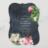 Watercolor Magnolia Blume Hochzeit Schwarz-weiß Einladung (Vorne/Hinten)