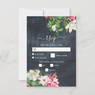Watercolor Magnolia Blume Hochzeit Schwarz-weiß RSVP Karte