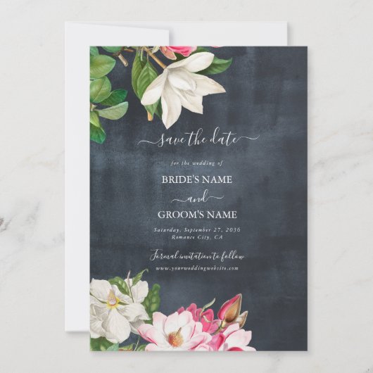 Watercolor Magnolia Blume Hochzeit Schwarz-weiß Save The Date (Vorderseite)