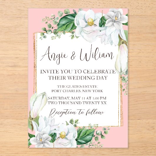Watercolor Magnolia Blush Wedding Acryleinladungen (Vorderseite)