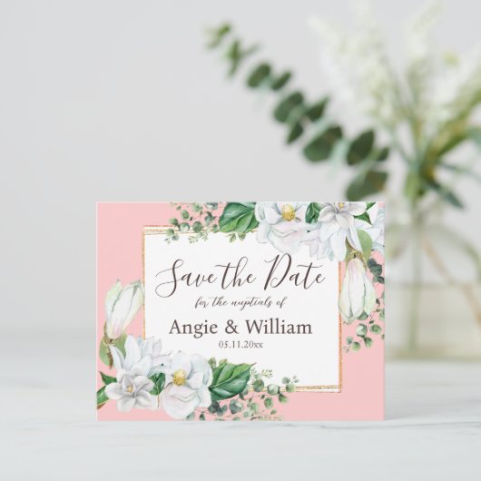 Watercolor Magnolia Blush Wedding Save the Date Postkarte (Stehend Vorderseite)