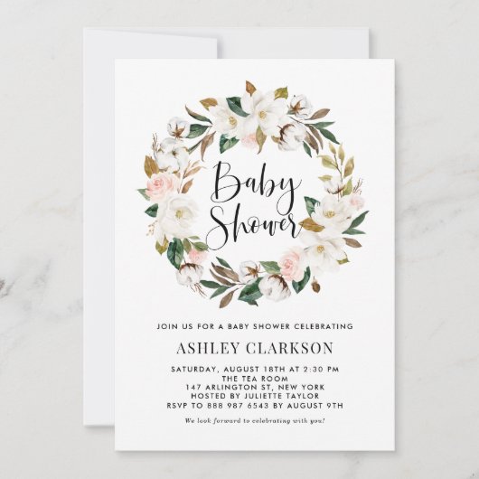Watercolor Magnolia Cotton Wreath Baby Dusche Einladung (Vorderseite)