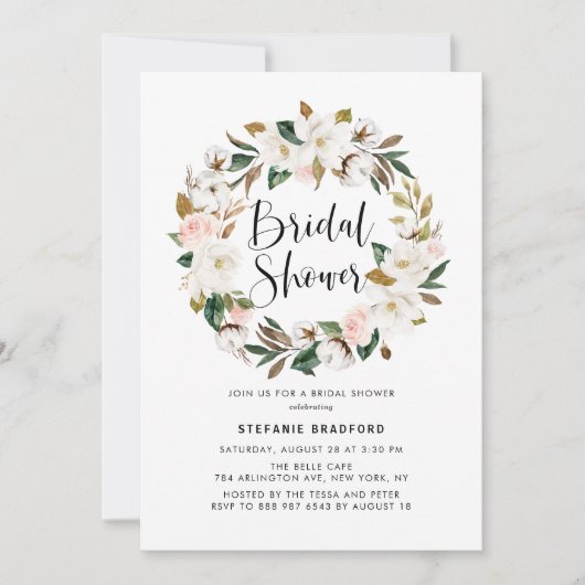 Watercolor Magnolia Cotton Wreath Brautparty Einladung (Vorderseite)