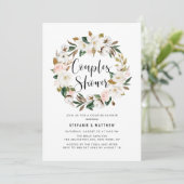 Watercolor Magnolia Cotton Wreath Couples Dusche Einladung (Stehend Vorderseite)