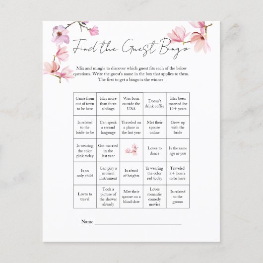 Watercolor Magnolia Finden Sie das Bridal Bingo Flyer (Vorne)