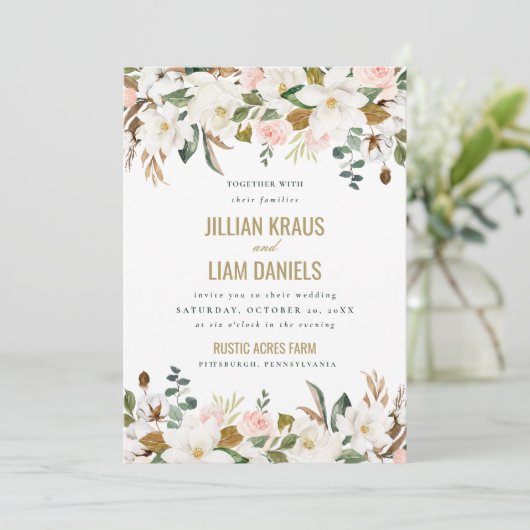 Watercolor Magnolia Hochzeit Einladung Monogramm (Stehend Vorderseite)