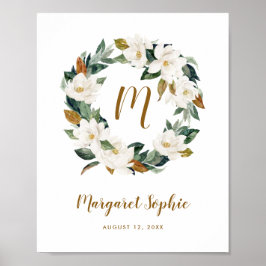 Watercolor Magnolia Wreath Kinderzimmer Monogram Poster