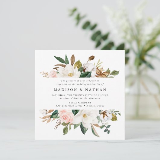 Watercolor Magnolias | Blumenhochzeit Einladung (Stehend Vorderseite)