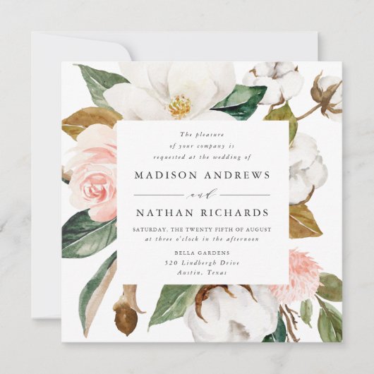 Watercolor Magnolias | Blumenhochzeit Einladung (Vorderseite)