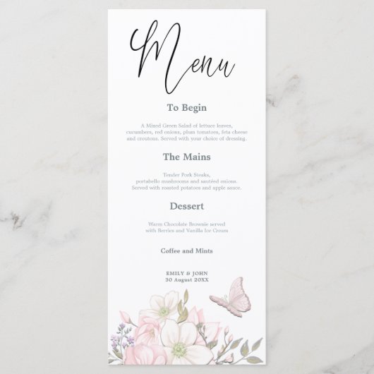 Watercolor Magnolias Butterfly Script Hochzeit Menükarte (Vorderseite)