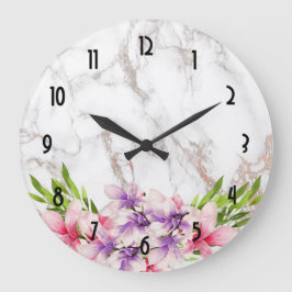 Watercolor Magnolias, Faux Marble Texture Wedding Große Wanduhr