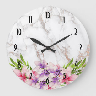 Watercolor Magnolias, Faux Marble Texture Wedding Große Wanduhr
