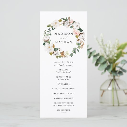 Watercolor Magnolias | Hochzeitsfeier Programm (Stehend Vorderseite)