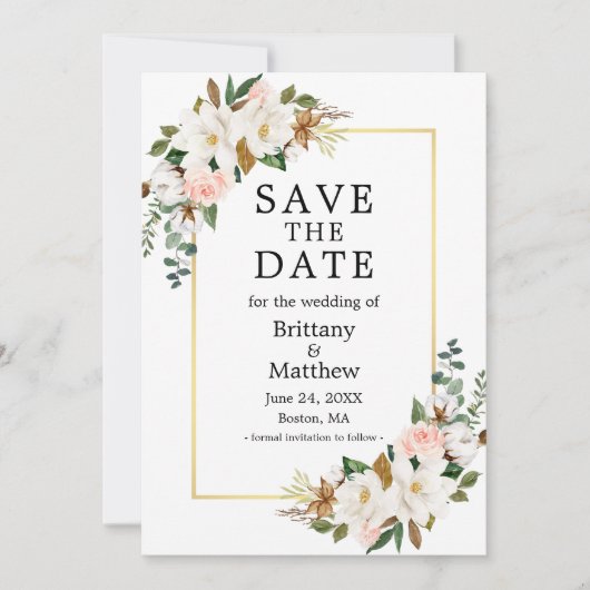 Watercolor Magnolias Pink Roses Gold Rahmen Save The Date (Vorderseite)