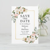Watercolor Magnolias Pink Roses Gold Rahmen Save The Date (Stehend Vorderseite)