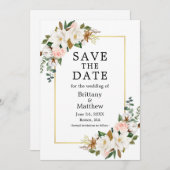Watercolor Magnolias Pink Roses Gold Rahmen Save The Date (Vorne/Hinten)