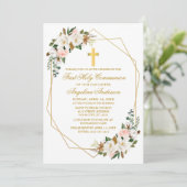 Watercolor Magnolias Rose Geo-Rahmen-Kommunion Einladung (Stehend Vorderseite)