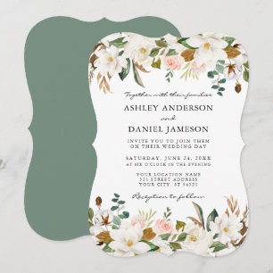 Watercolor Magnolias Rose Hochzeitsfeier Grün Einladung