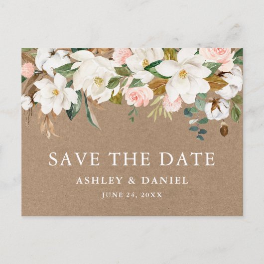 Watercolor Magnolias Rose Save the Date Kraft Postkarte (Vorderseite)