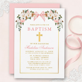 Watercolor Magnolias Roses Pink Bow Gold Baptism Einladung