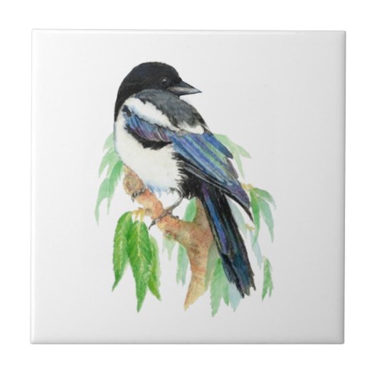 Watercolor Magpie Bird & Willow Tree Fliese (Vorderseite)