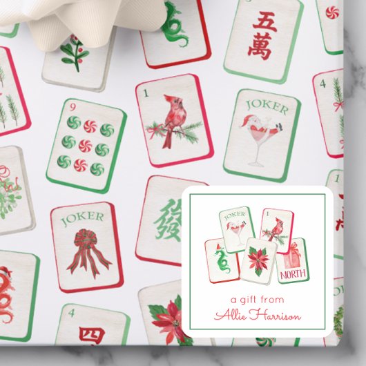 Watercolor Mahjong Christmas Tiles Enclosure Quadratischer Aufkleber