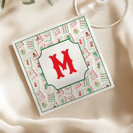 Watercolor Mahjong Red & Green Christmas  Monogram Serviette