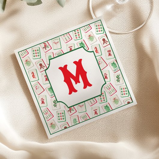 Watercolor Mahjong Red & Green Christmas  Monogram Serviette