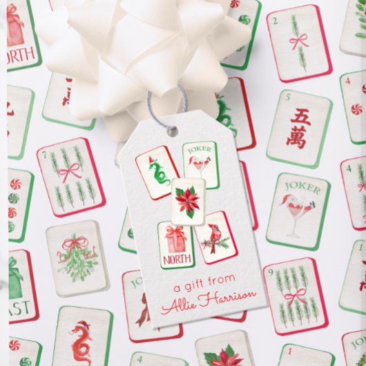Watercolor Mahjong Red & Green Christmas Tiles Geschenkanhänger