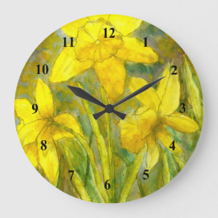 Watercolor-Malerei, gelbe Blumen-Kunst, Narzissen Große Wanduhr