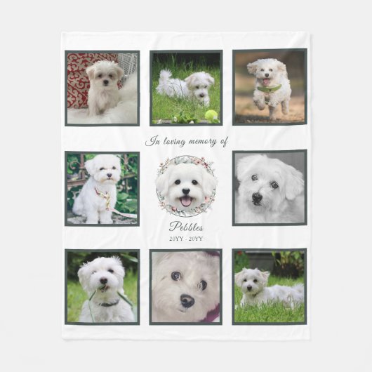 Watercolor Maltese and Floral Wreath Memorial Fleecedecke (Vorderseite)