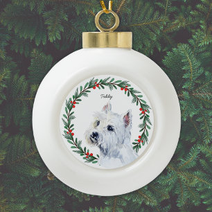 Watercolor Maltese Dog Holiday Wreath Keramik Kugel-Ornament
