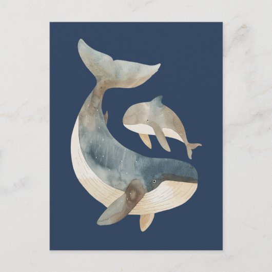 Watercolor Mama Whale & Calf Niedlich Navy Blue Postkarte (Vorderseite)