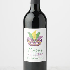 Watercolor Mardi Gras Masks King Cake Crown Weinetikett