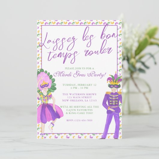 Watercolor Mardi Gras Masquerade Party Einladung (Stehend Vorderseite)