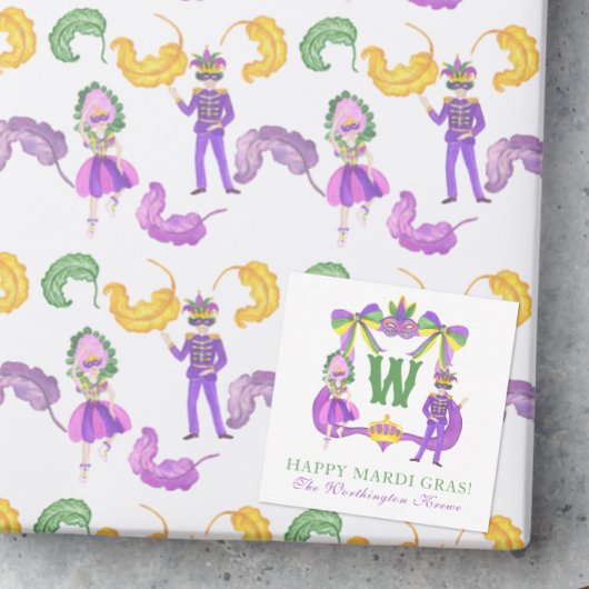 Watercolor Mardi Gras Monogram Crest Mitteilungskarte